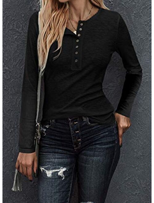 LOLONG Womens V Neck T-Shirt Long Sleeve Lace Buttons Blouse Ribbed Henley Shirts Tops