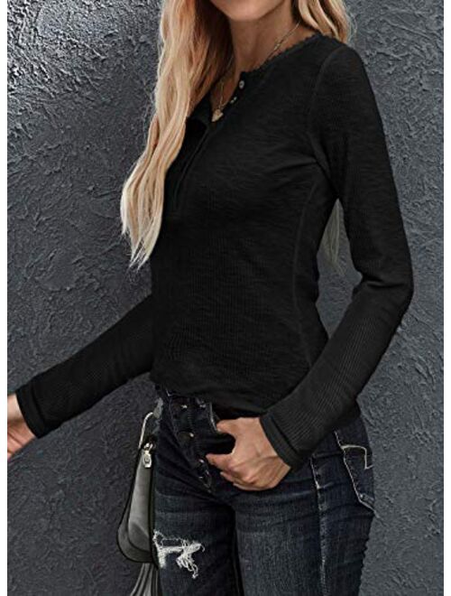 LOLONG Womens V Neck T-Shirt Long Sleeve Lace Buttons Blouse Ribbed Henley Shirts Tops