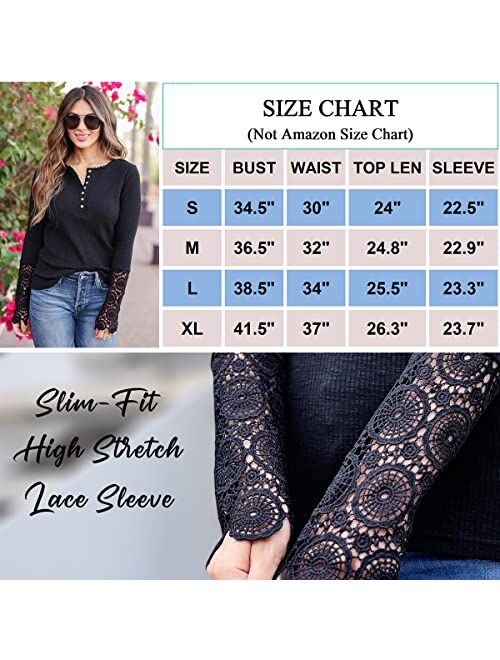 LOLONG Womens V Neck T-Shirt Long Sleeve Lace Buttons Blouse Ribbed Henley Shirts Tops