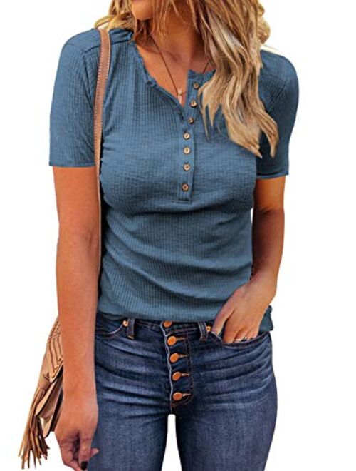 LOLONG Womens V Neck T-Shirt Long Sleeve Lace Buttons Blouse Ribbed Henley Shirts Tops