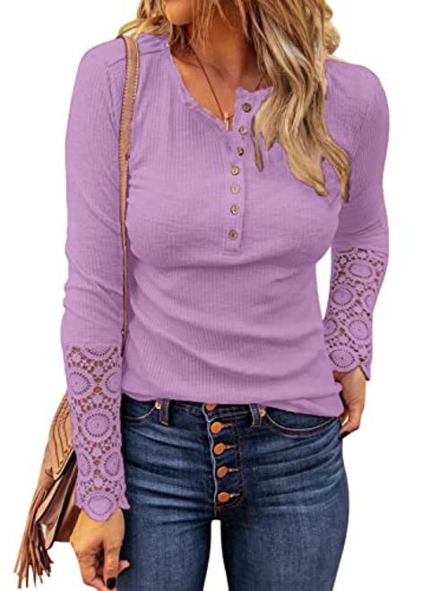 LOLONG Womens V Neck T-Shirt Long Sleeve Lace Buttons Blouse Ribbed Henley Shirts Tops