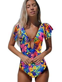 Sporlike Women Ruffle One Piece Swimsuit Deep V Neck Floral Printed Monokini