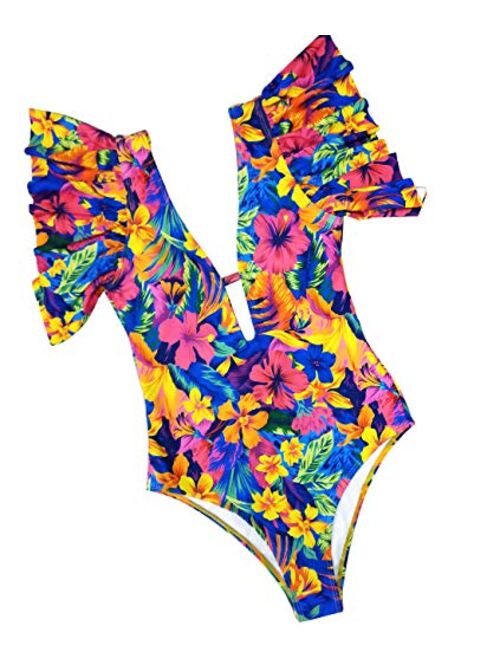 Sporlike Women Ruffle One Piece Swimsuit Deep V Neck Floral Printed Monokini