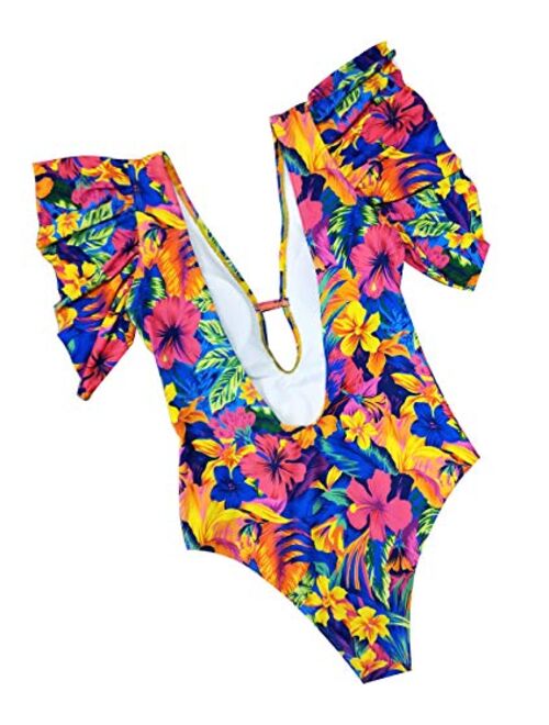 Sporlike Women Ruffle One Piece Swimsuit Deep V Neck Floral Printed Monokini