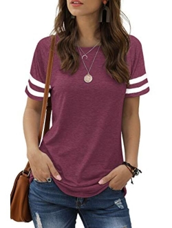 Sieanear Womens T Shirts Short Sleeve Striped Color Block Leopard Casual Tops