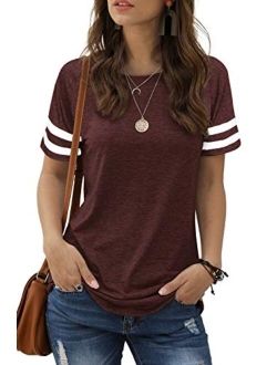 Sieanear Womens T Shirts Short Sleeve Striped Color Block Leopard Casual Tops