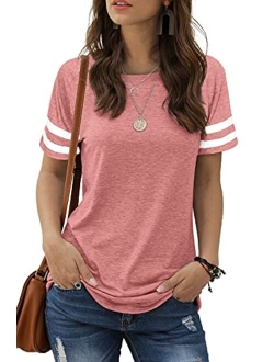 Sieanear Womens T Shirts Short Sleeve Striped Color Block Leopard Casual Tops