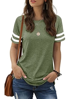 Sieanear Womens T Shirts Short Sleeve Striped Color Block Leopard Casual Tops