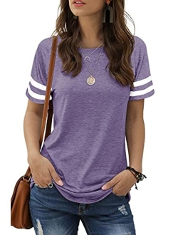 Sieanear Womens T Shirts Short Sleeve Striped Color Block Leopard Casual Tops