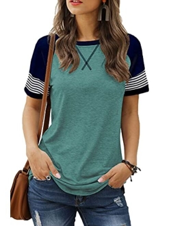 Sieanear Womens T Shirts Short Sleeve Striped Color Block Leopard Casual Tops