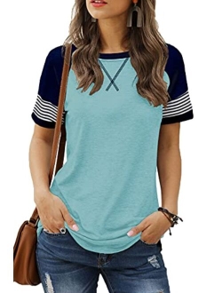 Sieanear Womens T Shirts Short Sleeve Striped Color Block Leopard Casual Tops