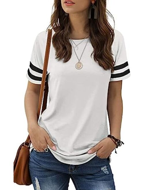 Sieanear Womens T Shirts Short Sleeve Striped Color Block Leopard Casual Tops