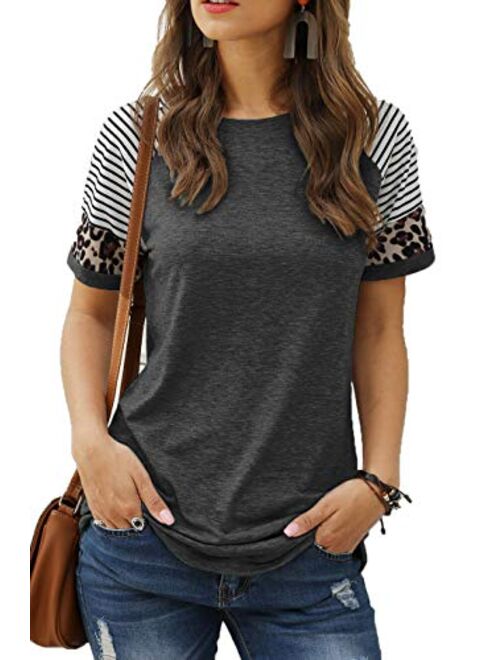 Sieanear Womens T Shirts Short Sleeve Striped Color Block Leopard Casual Tops