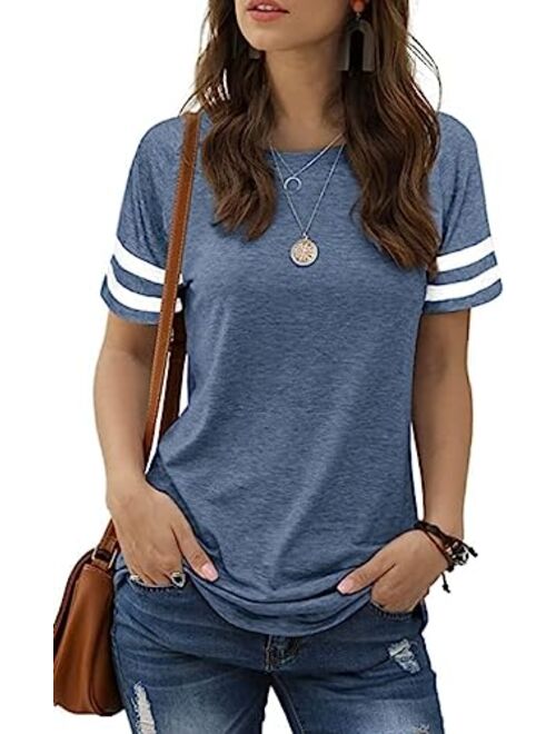 Sieanear Womens T Shirts Short Sleeve Striped Color Block Leopard Casual Tops