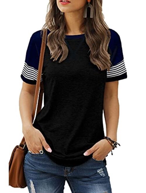 Sieanear Womens T Shirts Short Sleeve Striped Color Block Leopard Casual Tops