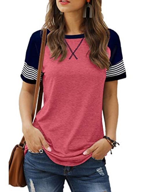 Sieanear Womens T Shirts Short Sleeve Striped Color Block Leopard Casual Tops