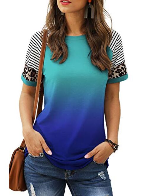 Sieanear Womens T Shirts Short Sleeve Striped Color Block Leopard Casual Tops