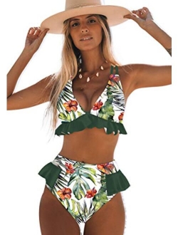 Sporlike Women High Waisted Swimsuit Ruffle V Neck Bikini Two Pieces Swimwear