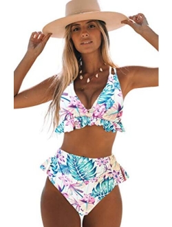 Sporlike Women High Waisted Swimsuit Ruffle V Neck Bikini Two Pieces Swimwear