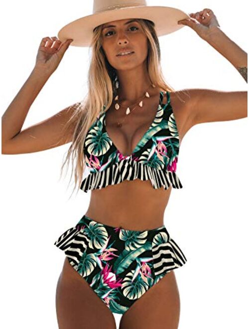 Sporlike Women High Waisted Swimsuit Ruffle V Neck Bikini Two Pieces Swimwear