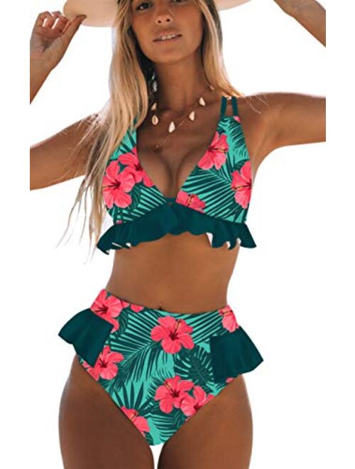 Sporlike Women High Waisted Swimsuit Ruffle V Neck Bikini Two Pieces Swimwear