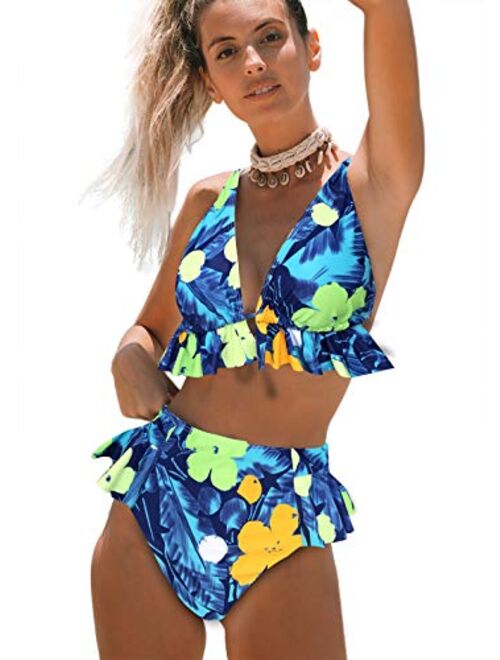 Sporlike Women High Waisted Swimsuit Ruffle V Neck Bikini Two Pieces Swimwear