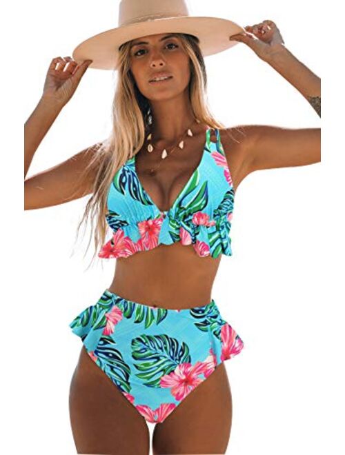 Sporlike Women High Waisted Swimsuit Ruffle V Neck Bikini Two Pieces Swimwear