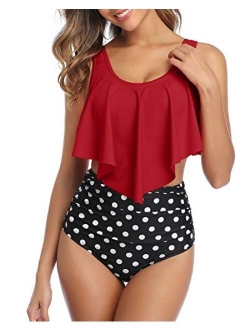 Bikini Swimsuit for Women Ruffled Flounce Top with High Waisted Ruched Bottom Two Piece Bathing Suit