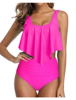 Bikini Swimsuit for Women Ruffled Flounce Top with High Waisted Ruched Bottom Two Piece Bathing Suit