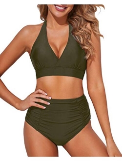 Women High Waisted Bikini Halter V Neck Two Piece Push Up Retro Swimsuits