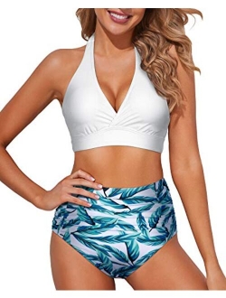 Women High Waisted Bikini Halter V Neck Two Piece Push Up Retro Swimsuits