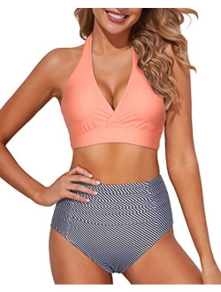 Women High Waisted Bikini Halter V Neck Two Piece Push Up Retro Swimsuits