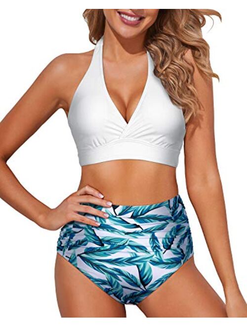 Tempt Me Women High Waisted Bikini Halter V Neck Two Piece Push Up Retro Swimsuits