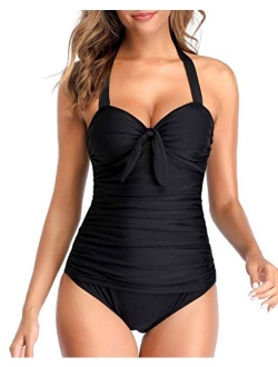 Women Halter One Piece Swimsuits Ruched Tummy Control Tie Knot Slimming Bathing Suits