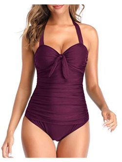 Women Halter One Piece Swimsuits Ruched Tummy Control Tie Knot Slimming Bathing Suits