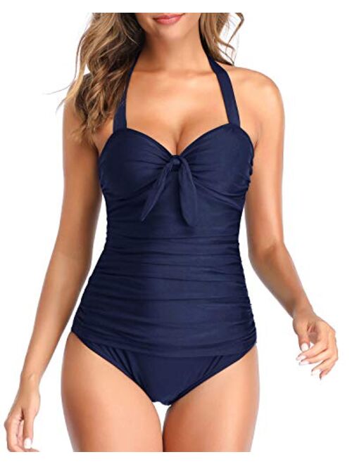 Tempt Me Women Halter One Piece Swimsuits Ruched Tummy Control Tie Knot Slimming Bathing Suits