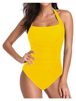 Women Vintage Tummy Control Swimsuit Halter Retro One Piece Bathing Suit