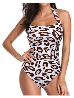 Women Vintage Tummy Control Swimsuit Halter Retro One Piece Bathing Suit