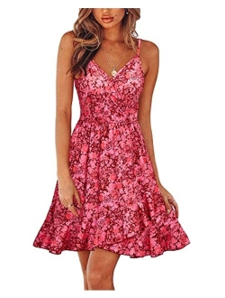 Womens Casual Summer Floral Wrap V Neck Adjustable Spaghetti Casual Ruffle Dress