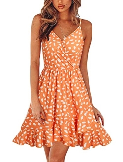 Womens Casual Summer Floral Wrap V Neck Adjustable Spaghetti Casual Ruffle Dress