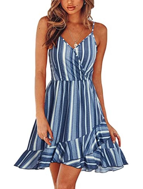 ULTRANICE Womens Casual Summer Floral Wrap V Neck Adjustable Spaghetti Casual Ruffle Dress