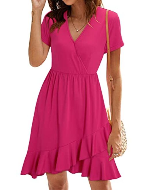 ULTRANICE Womens Casual Summer Floral Wrap V Neck Adjustable Spaghetti Casual Ruffle Dress