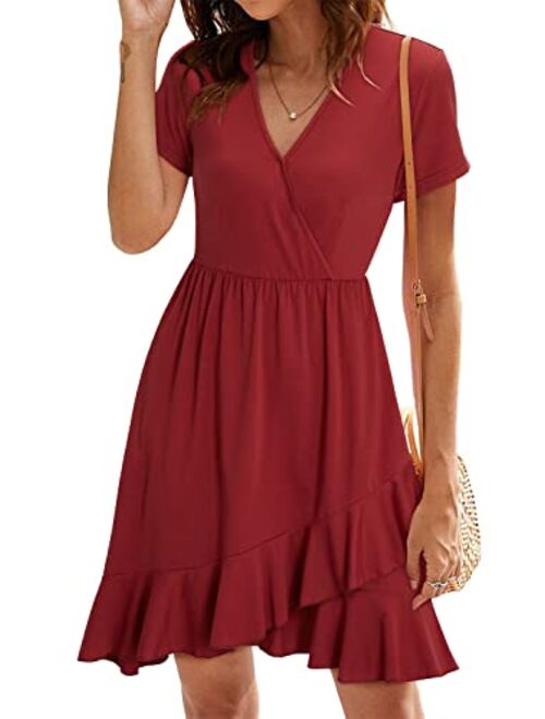 ULTRANICE Womens Casual Summer Floral Wrap V Neck Adjustable Spaghetti Casual Ruffle Dress