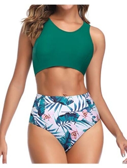 Women High Waisted Bikini Sporty Racerback Retro High Neck Two Piece Swimsuits