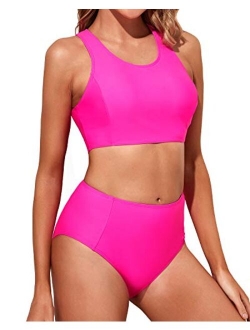 Women High Waisted Bikini Sporty Racerback Retro High Neck Two Piece Swimsuits