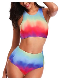 Women High Waisted Bikini Sporty Racerback Retro High Neck Two Piece Swimsuits