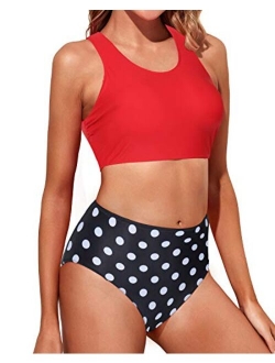 Women High Waisted Bikini Sporty Racerback Retro High Neck Two Piece Swimsuits