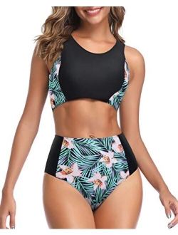 Women High Waisted Bikini Sporty Racerback Retro High Neck Two Piece Swimsuits