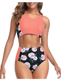 Women High Waisted Bikini Sporty Racerback Retro High Neck Two Piece Swimsuits