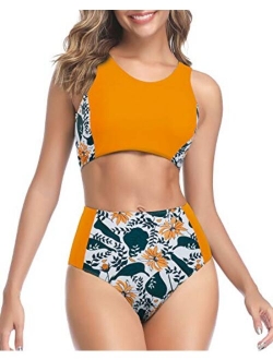 Women High Waisted Bikini Sporty Racerback Retro High Neck Two Piece Swimsuits